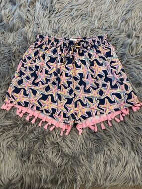 Simply Southern Navy Starfish Print Shorts with Pink Tassel Trim